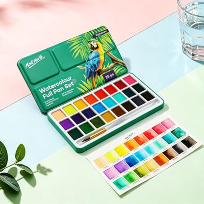 Mont Marte Watercolor Full Pan Set Signature 25pc, Watercolor Paint Set Featuring 24 Full Pan Colors and Round Brush, Includes Study Travel Tin and Four Mixing Wells