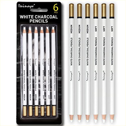 6 Pcs White Charcoal Pencils Drawing Set, Professional Smooth Soft & Medium Sketching Pencil Art Supplies for Drawing, Highlighting, Sketching, Blending