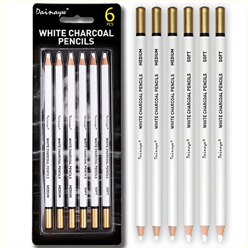 6 Pcs White Charcoal Pencils Drawing Set, Professional Smooth Soft & Medium Sketching Pencil Art Supplies for Drawing, Highlighting, Sketching, Blending