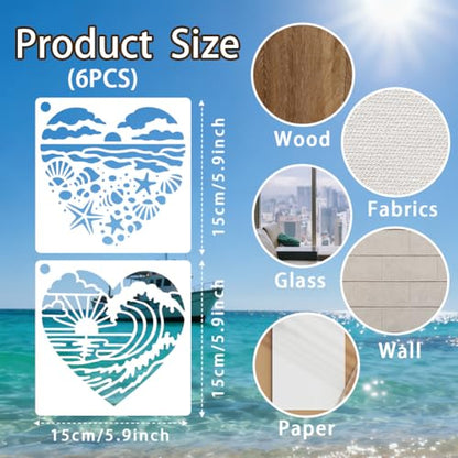 6 Sheets Love Beach Stencils for Painting, 6 Styles Palm Tree Shell Sunset Waves Wall Stencil Template Reusable Summer Coast Theme Stencils for Painting on Wall Wood Home Decor - style: Love Beach