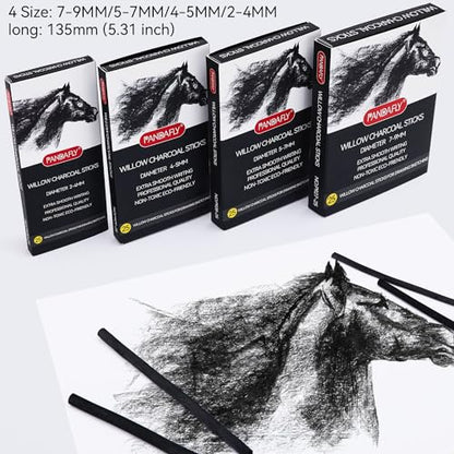 PANDAFLY Willow Charcoal Sticks, Soft, 7-9mm, 25 Pack, Black Artist Vine Charcoal, For Artists, Beginners, Students, Ideal for Sketching, Drawing, Shading, Fine Art - size: 7-9mm
