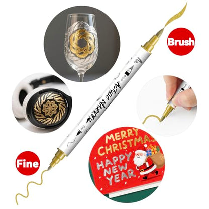 TRANSON 3 Gold, 3 Silver, 1 Black and 1 White Paint Markers Brush and Fine Dual-tip Acrylic Paint Marker Set for Rock Painting Glass Canvas Wood Leather Ceramic Painting - style: Brush and Fine 3 Gold 3 Silver 1 Black and 1 White