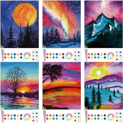Dinifee 6 Pack Pre Drawn Canvas for Painting Pre Printed Canvas Kit 8 x 10 Inch Stretched Cotton Paint and Sip Set for Adults Couple Party Graduation Summer Date Night(Scenery) - style: Scenery