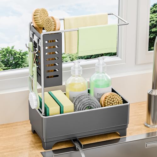 Stainless Steel Sink Caddy, Sponge Holder for Kitchen Sink with Brush Holder and Towel Rack, Sink Organizer for Countertop, Soap Dispenser Kitchen Organizers Storage Essentials(Gray) - color: Grey