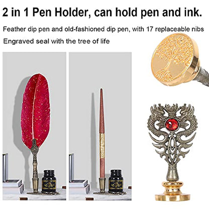 Quill Pen and Ink Set, Includes Feather Pen, Wooden Dip Pen, 17 Replacement Nibs, Pen Base, 3 Wax Seal Sticks, Stamp, White Wax, Spoon, Envelope Letter Paper, Envelope Tool (Red)