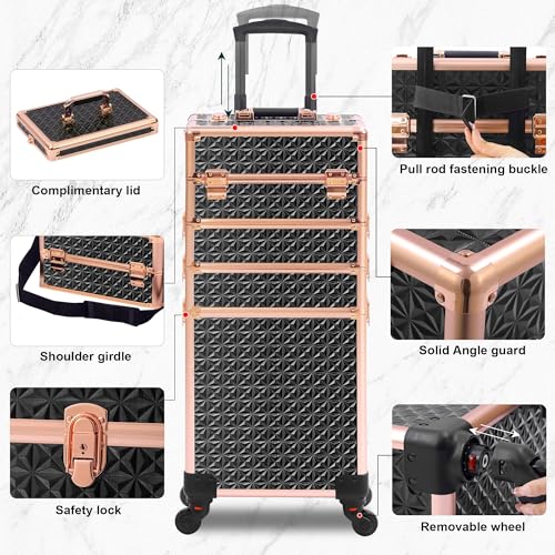 Somduy Rolling Makeup Case, Makeup Train Case with Lid, 5 in 1 Cosmetology Case on Wheels, Christmas Gift, Large Makeup Organizers, Profesional Cosmetic Case for Salon Barber, Black gold - color: Black gold