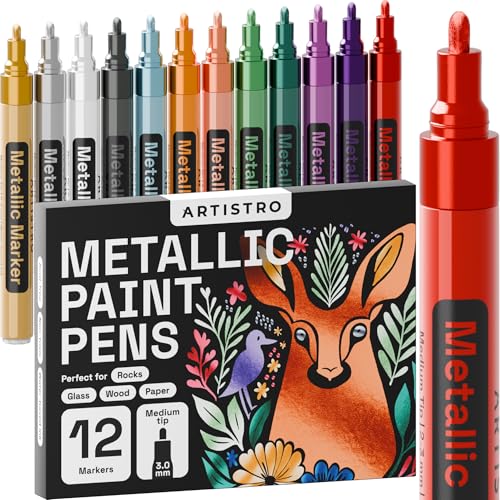 ARTISTRO 12 Metallic Paint Pens for Glass Marking, Rock Painting, Ceramic, Wood, Fabric, Scrapbooking, DIY Craft Making, Coloring - Acrylic Paint Markers Medium Tip 3mm - color: Metallic, style: Medium