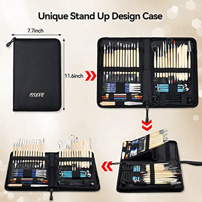ISSEVE Pottery Clay Sculpting Tools 43Pcs Double Sided Ceramic Clay Carving Tool Set with Upgrade Stand-Up Design Carrying Case for Beginners Professionals School Student Pottery Modeling Smoothing - color: Black Upgrade Stand-up Bag