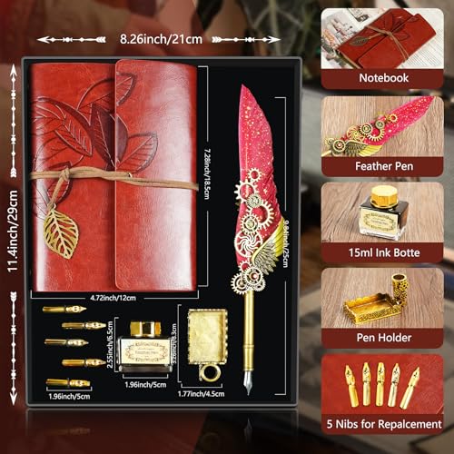 GrnVibe Feather Quill Pen and Ink Set,Antique Calligraphy Set with Leather Journal Notebook,Feather Pen,5 Gold Nibs,Pen Holder,Ink,Calligraphy Kits for Beginners Christmas Gift - color: Red