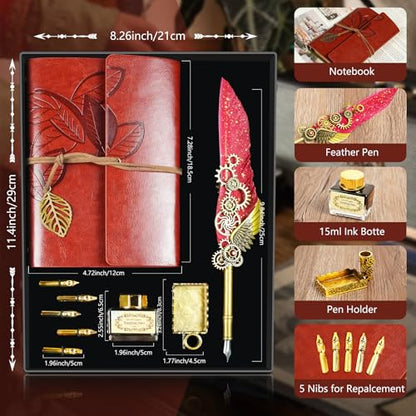 GrnVibe Feather Quill Pen and Ink Set,Antique Calligraphy Set with Leather Journal Notebook,Feather Pen,5 Gold Nibs,Pen Holder,Ink,Calligraphy Kits for Beginners Christmas Gift - color: Red