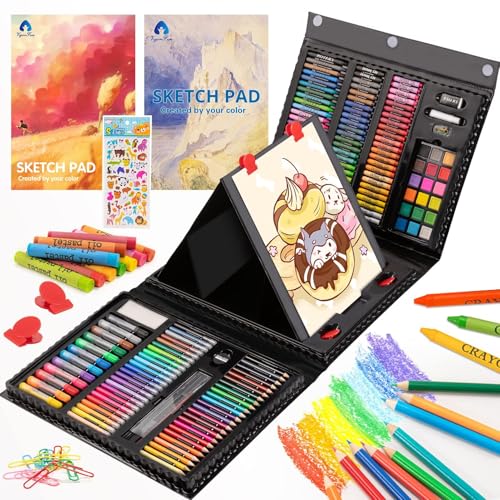 VigorFun Art Supplies, 240-Piece Art Set Crafts Drawing Kits with Double Sided Trifold Easel, Sketch Pads, Crayons, Colored Pencils, Gifts for Kids Girls Boys Teen Ages 4-6-8-9-12 (Black) - color: Black