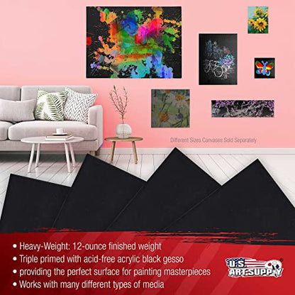 U.S. Art Supply 12x12 inch Black Mini Canvases for Painting, 4 Pack Bulk Small Stretched Artist Canvas Professional Primed - Ideal for Arts & Crafts, Heavy-Weight Gesso - Acrylic Pouring, Oil - size: 12" x 12"