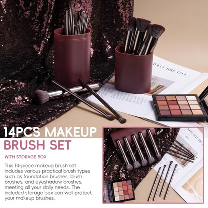BS-MALL 14 Pcs Professional Makeup Brushes Set with Travel-friendly Case - Perfect for Eyeshadow Brush & Foundation Brush for Liquid Makeup - Gift for Daily Use & Multi Purpose Application - color: Coffee