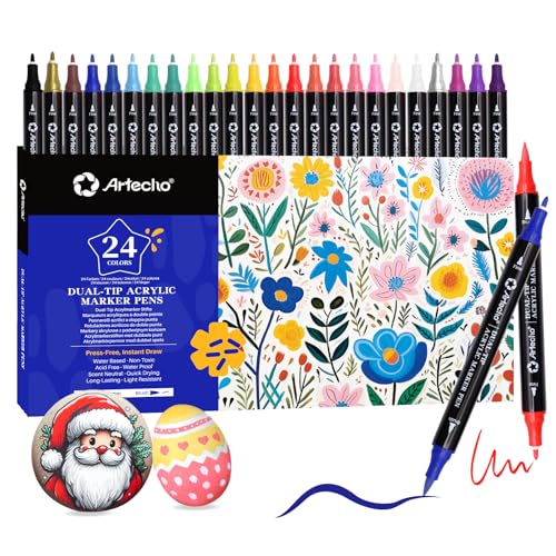Artecho Acrylic Paint Markers 24 Colors, Acrylic Paint Pens with Brush Tip and Fine Tip for Stone, Rock Painting, Paper, Pumpkin, Wood, Egg, Canvas, Ceramic, Fabric, leather, Glass, DIY Crafts - color: 24 Colors