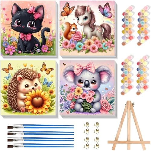 4 Pack Paint by Numbers Kit for Kids with Frame - Wooden Easel, Animal Paint by Numbers for Kids Ages 4 8 12, Easy Horse Cat Hedgehog Koala Acrylic Oil Painting Kits for Home Wall Decoration 8x8 inch - color: BKH1228-BKH1231