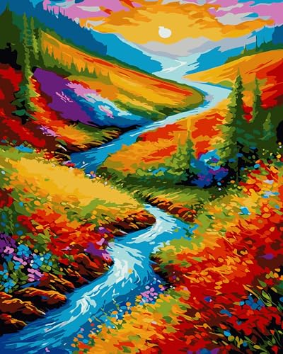 Yunnuo Landscape Paint by Numbers Kits for Adults, Easy Paint by Number Sunset and Creek, DIY Oil Painting with Brushes Acrylic Paints for Home Wall Decor 16x20 Inch - color: B-004-Scenery