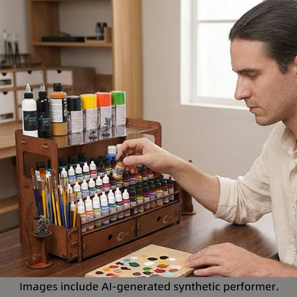 OPHIR Paint Organizer, Wooden 104 Holes Paint Holder with 26 Brush Holes, 1 Brush Holder with 6 Slots, 2 Painting Handles, 2 Drawers for Miniature Paints Storage, Paint Holes Dia.1.02 & 1.42 Inches - color: (Dia.1.02" & 1.42")104 Paint Holes+2x Paint Brus