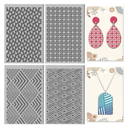 CHGCRAFT 4 Sheets Geometric Clay Texture Mat Artistic Wave Seamless Pattern Polymer Clay Texture Sheets DIY Tools for Pottery Earring Jewelry Making Stamp Engraving Machines, 4x2.6inch - style: Artistic Geometric
