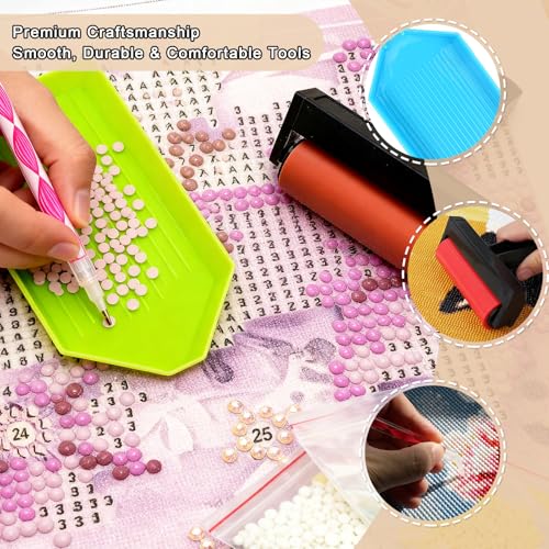 AZY 45PCS Diamond Painting Tools Kit – Diamond Art Accessories Set with Diamond Pens, 20 Storage Bags, Trays, Roller, Pink Non-Slip Mat & Essential Diamond Painting Tools for Beginners & Adults
