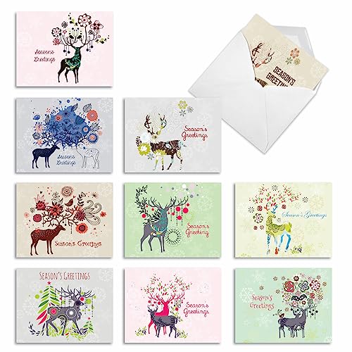 The Best Card Company - 10 Seaon's Greeting Cards with Envelopes - Festive, Fun Assorted Holiday Notecards (4 x 5.12 Inch) - Dandy Reindeer M2938SGG - style: Dandy Reindeer