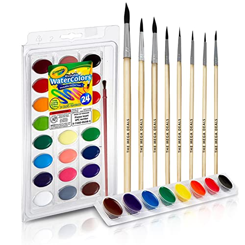 Watercolor Paint Set - Includes 24 Watercolor Paint, 8 Paintbrushes for Kids - Ultimate Washable Paints Watercolors Supplies Set - Water Color Painting Kids, 9 Piece Set Gifting bundle - size: 24 Colors