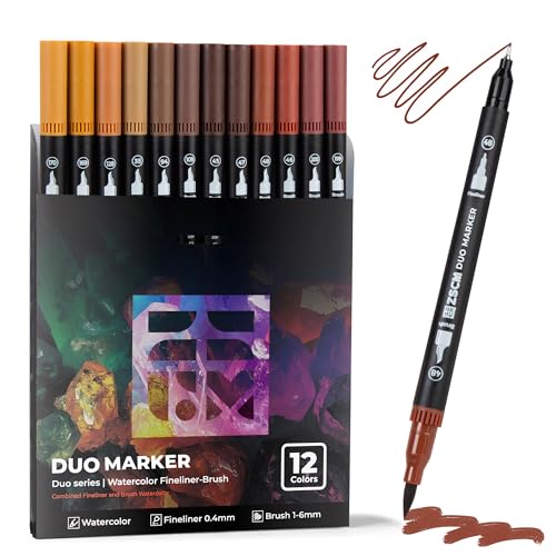 ZSCM Brown Duo Tip Marker Pens, 12 Pack Fine & Brush Markers for Adult Coloring Books No Bleeding, Earth Brown Markers for Wood Texture, Animal Fur, Vintage Effects and Antique Coloring - color: 12 Brown
