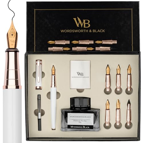 Wordsworth & Black Calligraphy Pen Gift Set, Includes Ink Bottle, 6 Ink Cartridges, A Refill Converter, 6 Replacement Nibs, Journaling, Smooth Writing Pens [White Rose Gold] - color: White Rose Gold