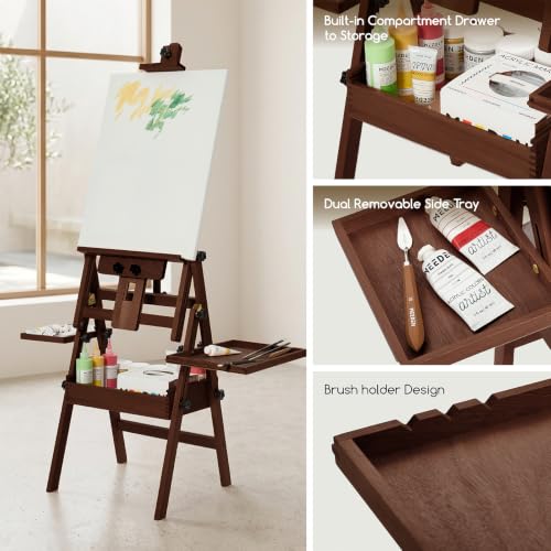 MEEDEN Painting Easel with Storage: H-Frame Beech Wood Art Easel for Adults, Artists, Students, Beginners - Adjustable 50"-80" H, Holds Canvas Up to 47 Inches - color: Deep Walnut