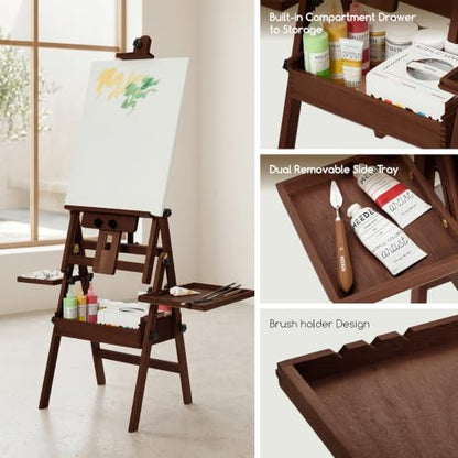 MEEDEN Painting Easel with Storage: H-Frame Beech Wood Art Easel for Adults, Artists, Students, Beginners - Adjustable 50"-80" H, Holds Canvas Up to 47 Inches - color: Deep Walnut