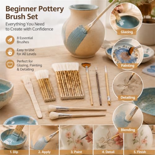 Set of 8 Pottery Glaze Brushes Tools, Wool Soft Bristle for Ceramic Glazing Acrylic Watercolor Oil Painting, Mop, Hake, Sumi, Fan, Fine Brush for Clay Wheel Kiln Blending Art Supplies - color: 8pcs