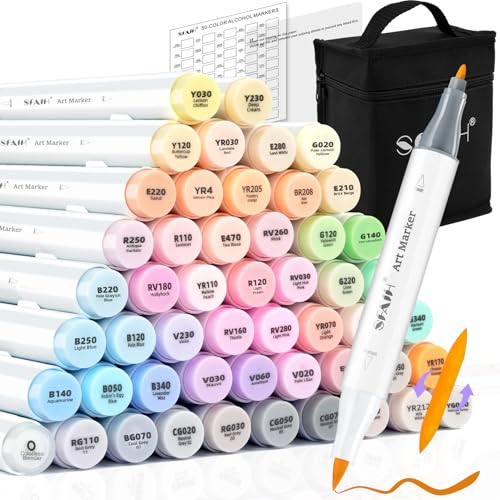 SFAIH Pastel Alcohol Markers Brush Tip - 51 Brush & Fine Dual Tip Art Markers for Artist Illustration, Adult Coloring Books, Gifts for Artist Adult, Colorless Blender, Enjoy Blending, Carrying Case - color: 51 Colors