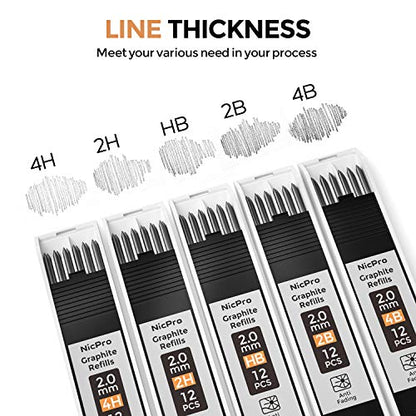 Nicpro 2.0 mm Mechanical Pencil Set, Artist Metal Lead Holder Metal Marker Carpenter pencils with 60 Graphite Lead Refill HB, 2H, 4H, 2B, 4B, Eraser, Sharpener for Draft Drawing, Writing Art Sketching - size: 1 Count (Pack of 1)