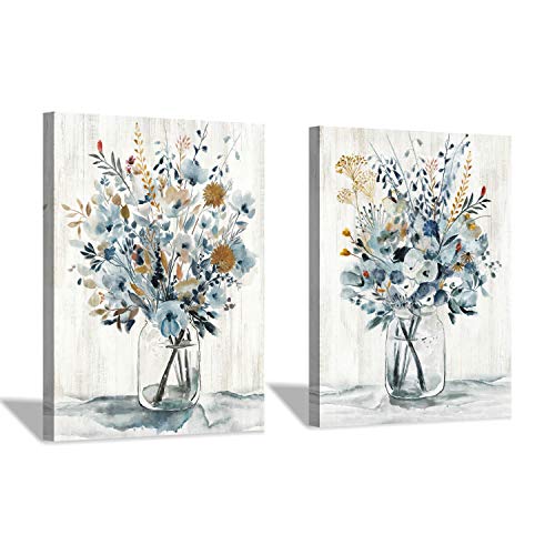 Hardy Gallery Floral Canvas Wall Art Prints: Abstract Blossom Flower Bouquet in Glass Bottle Picture Print on Canvas Small Size for Dining Room (12'' x 16'' x 2 Panels) - color: Abstract Flower Art, size: 12"x 16"x 2 Panels