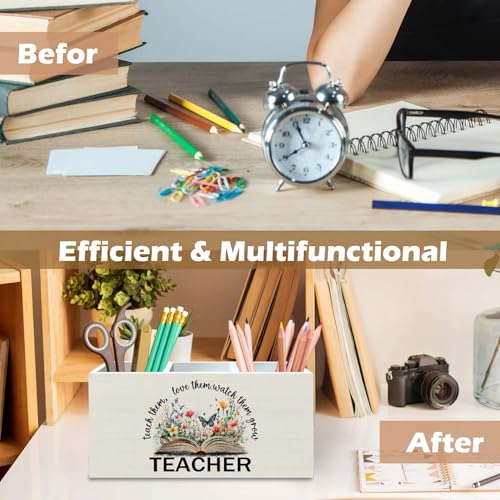 DILSJ Para Appreciation Gifts Pencil Holder Organizer for Desk, Thank You Teacher Gift, Teach Them Love Them Watch Them Grow Wooden Box Signs for Book Lovers Gifts Desk Tabletop School Supplies - color: Flower-1