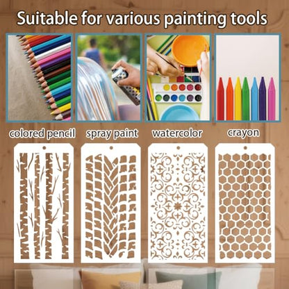 12 Sheets Texture Painting Stencils, 12 Styles Geometric Honeycomb Brick Leopard Flower Grain Layering Templates Reusable Border Stencil for Painting on Wall Wood Home Decor - style: Texture