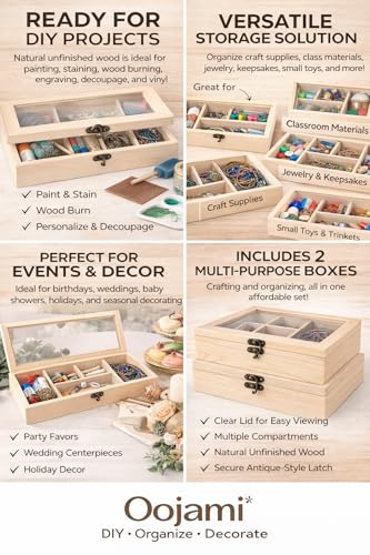 2 Pack Unfinished Wooden Jewelry Organizer Box with Glass Lid – 14 Compartment Bead & Craft Storage Case – DIY Paintable Wood Display Box for Jewelry, Gems, Supplies