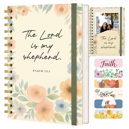 Hardcover Blank Christian Notebook – 140 Pages – Psalm 23:1 | Lined Pages with Bible Verse Cover – Inspirational Writing Spiral Notebook for Bible Study, "Lord is my Shepherd", Floral - color: Shepherd Floral