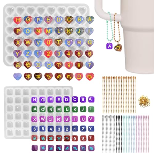 96 Pcs Resin Letter Molds with Hole, AFUNTA Alphabet Number Resin Molds Silicone Heart Shape Square Pendant Silicone Molds for Epoxy Resin Casting, DIY Water Cup Handle Charm