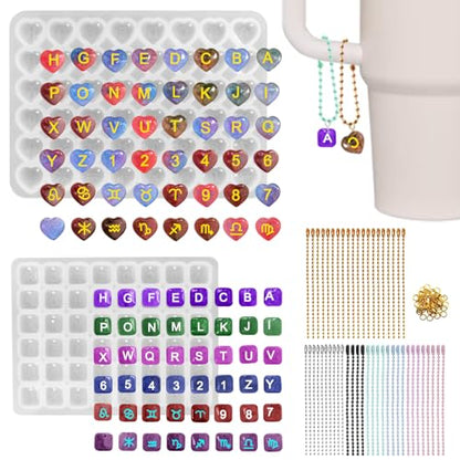 96 Pcs Resin Letter Molds with Hole, AFUNTA Alphabet Number Resin Molds Silicone Heart Shape Square Pendant Silicone Molds for Epoxy Resin Casting, DIY Water Cup Handle Charm
