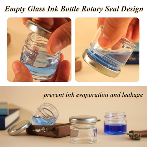 Upgrade Wooden Tilting Calligraphy Pen Holder with Two Glass Ink Bottle Container, Calligraphy Oblique Nib Holder Stand Base Set Desktop Tabel Decoration - style: Upgraded Two Glass Ink Holders