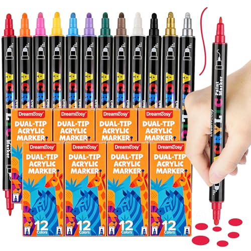 Acrylic Paint Markers, 96 Pack with 12 Colors Dual Tip Art Markers with Fine Tip & Dot Tip for Rock, Canvas, Wood, Non-Toxic Art Supplies for Adults, Classroom, DIY Crafts & Holiday Decorations