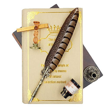 Antique Quill Pen Unique Half-Patterned Feather Pen Set with 6 Nibs 1 Bottle of Ink 1 Seal Stamp 1 Pen Holder 1 Sealing Wax LL-149