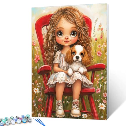 Tucocoo Adorable Little Girl Paint by Numbers Kits with Brushes and Acrylic Pigment on Canvas Painting for Adults, Chair Puppy Field Flowers Picture for Home Wall Decor Gifts 16''x20'' (DIY Framed) - color: Artwork-01, size: 16''x20''(DIY Frame)