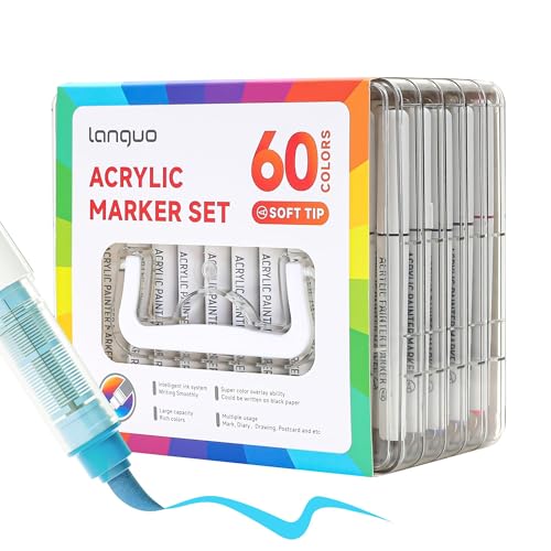 60 Colors Acrylic Paint Markers, Brush Tip Acrylic Paint Pens with Organizing Case, Multi Surface Brush Markers Set for Fabric, Glass, Wood, DIY Crafts - color: 60 Color