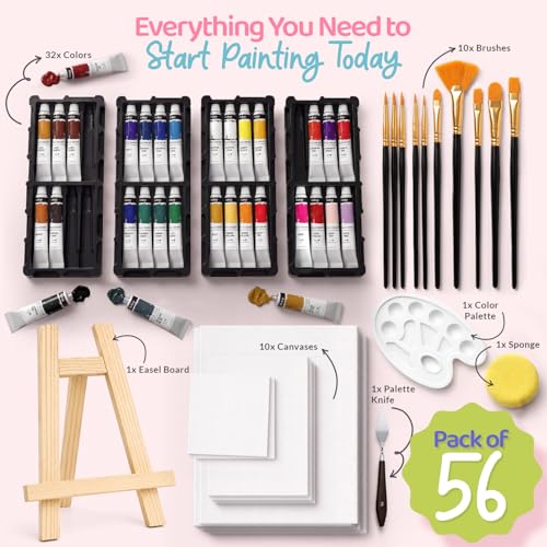 Chalkola Acrylic Paint Set for Adults & Kids - 56 Pcs Canvas Painting Kit with 32 Paints (22ml), 10 Brushes, 10 Canvases, Tabletop Easel, Palette, Knife - Professional Craft & Art Painting Supplies - size: 56 Pcs Acrylic Set