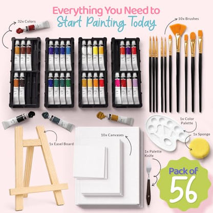 Chalkola Acrylic Paint Set for Adults & Kids - 56 Pcs Canvas Painting Kit with 32 Paints (22ml), 10 Brushes, 10 Canvases, Tabletop Easel, Palette, Knife - Professional Craft & Art Painting Supplies - size: 56 Pcs Acrylic Set