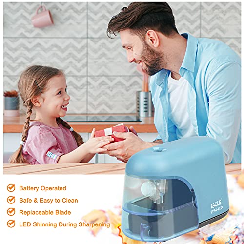 Eagle Electric Pencil Sharpener, Battery Powered Sharpener, LED Light Shinning During Sharpening, Portable, with Reusable and Replaceable Blade, Suitable for Kids, Ideal School Office Supplies(Blue) - color: Blue