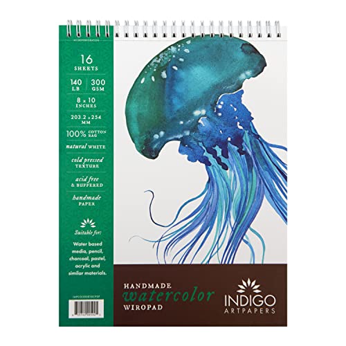 Indigo Artpapers Watercolor Paper Pad, 16 Sheets, 8x10 (140lb/300g) | Handmade 100% Cotton Rag, Cold Pressed Paint Paper, Acid-Free Water Color Paper Pad, Wirebound Watercolor Sketchbook Journal - size: 8 x 10, 16 Sheets