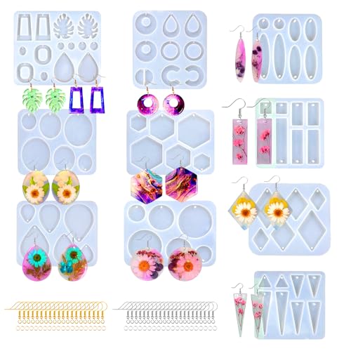 Resin Earring Molds,Resin Jewelry Molds with 10 Packs Variety Shape Resin Molds Silicone,Earring Silicone Molds for resi n Pendant, Earrings,Keychains(Included 40Pcs earringhooks) DIY Gift - color: Earring Molds