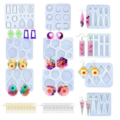 Resin Earring Molds,Resin Jewelry Molds with 10 Packs Variety Shape Resin Molds Silicone,Earring Silicone Molds for resi n Pendant, Earrings,Keychains(Included 40Pcs earringhooks) DIY Gift - color: Earring Molds